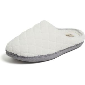Dearfoams Women’s Memory Foam Indoor House Slippers Leslie Terry Clog House Shoes with Wide Widths(Muslin White Terry)