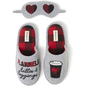Dearfoams Women’s Novelty Scuff with Eye Mask Slipper(Grey (Lattes & Leggings))