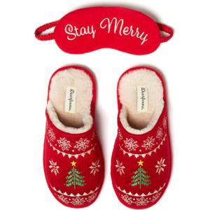 Dearfoams Women’s Novelty Scuff with Eye Mask Slipper(Red)
