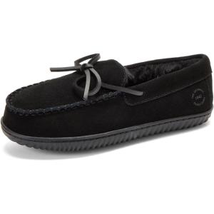 Dearfoams Women’s Suede Indoor Outdoor Harriet Moccasin Shoe House Slippers(Black)