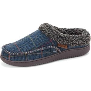 Dearfoams mens Breathable Memory Foam Slip on Marshall Indoor House Shoe Moccasin Slipper(Navy Plaid)