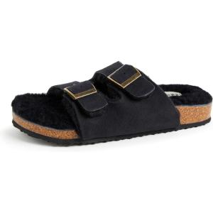 Dearfoams womens Fireside Tamworth Shearling Slide Sandal With Cork Footbed and Adjustable Buckles(Black)