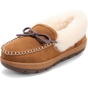 Dearfoams womens Genuine Australian Shearling Moccasin Slipper – Gladstone Indoor Outdoor House Shoe(Chestnut)