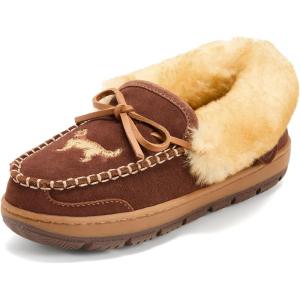 Dearfoams womens Genuine Australian Shearling Moccasin Slipper – Gladstone Indoor Outdoor House Shoe(Potting Soil)
