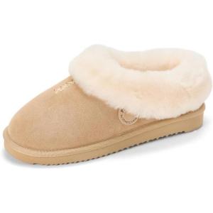 Fireside By Dearfoams Women’s Adelaide Slippers, Genuine Shearling Suede Scuff, Memory Foam Slip-in House Shoes(Sand)