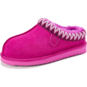 Fireside by Dearfoams Women’s Greta Genuine Shearling Clog Slippers, 100% Natural Suede Clogs for Outdoor & Indoor(Mystic Purple Taping)