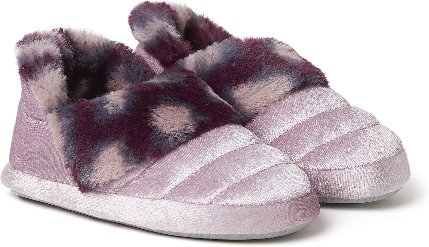 imageDearfoams UnisexChild Amelia Velour Bootie with Leopard Cuff SlipperElderberry