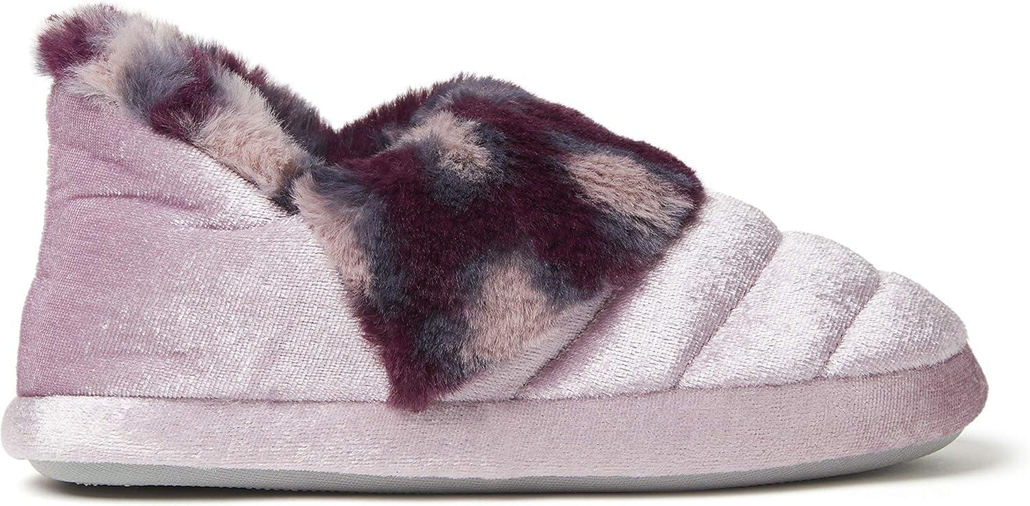 imageDearfoams UnisexChild Amelia Velour Bootie with Leopard Cuff SlipperElderberry
