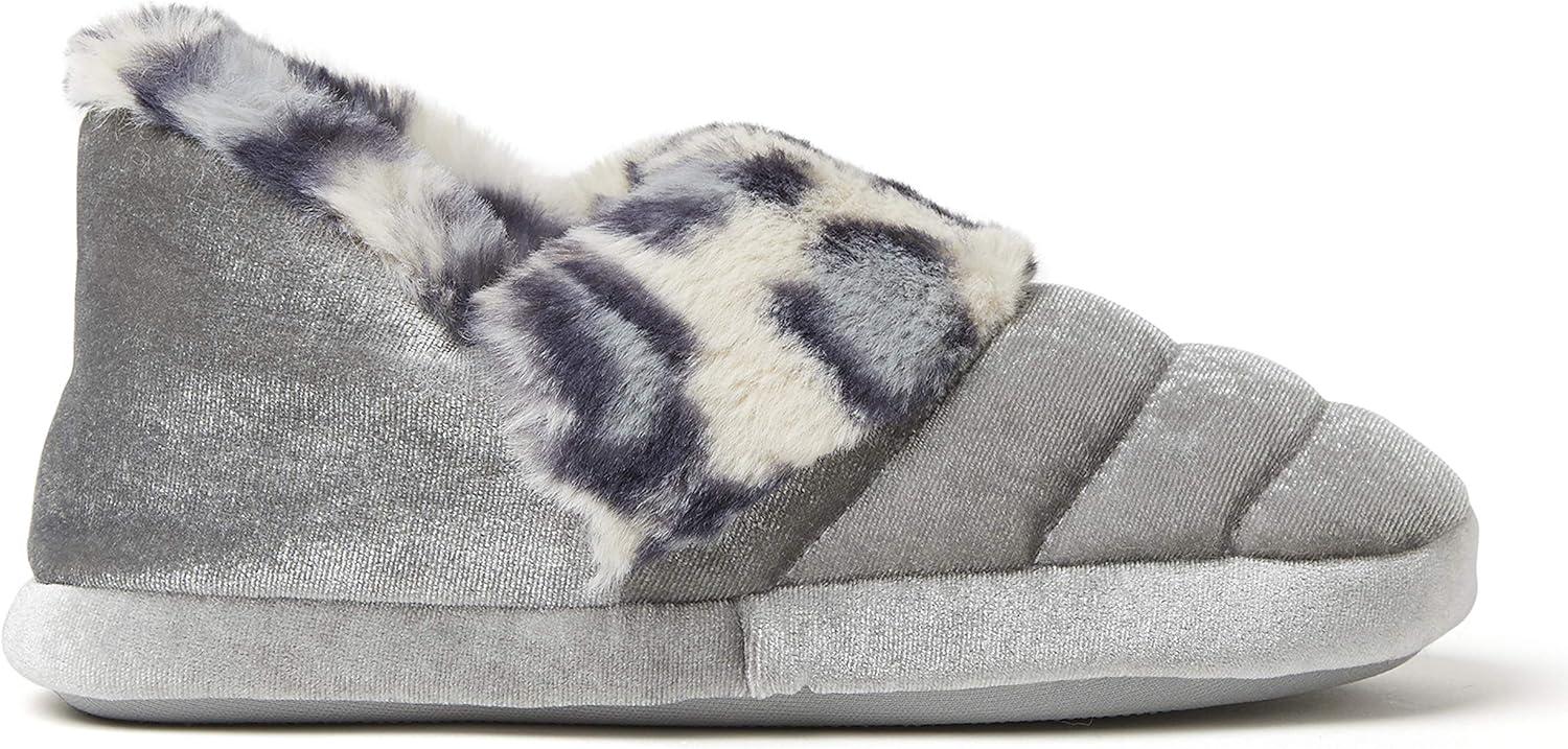 imageDearfoams UnisexChild Amelia Velour Bootie with Leopard Cuff SlipperSleet