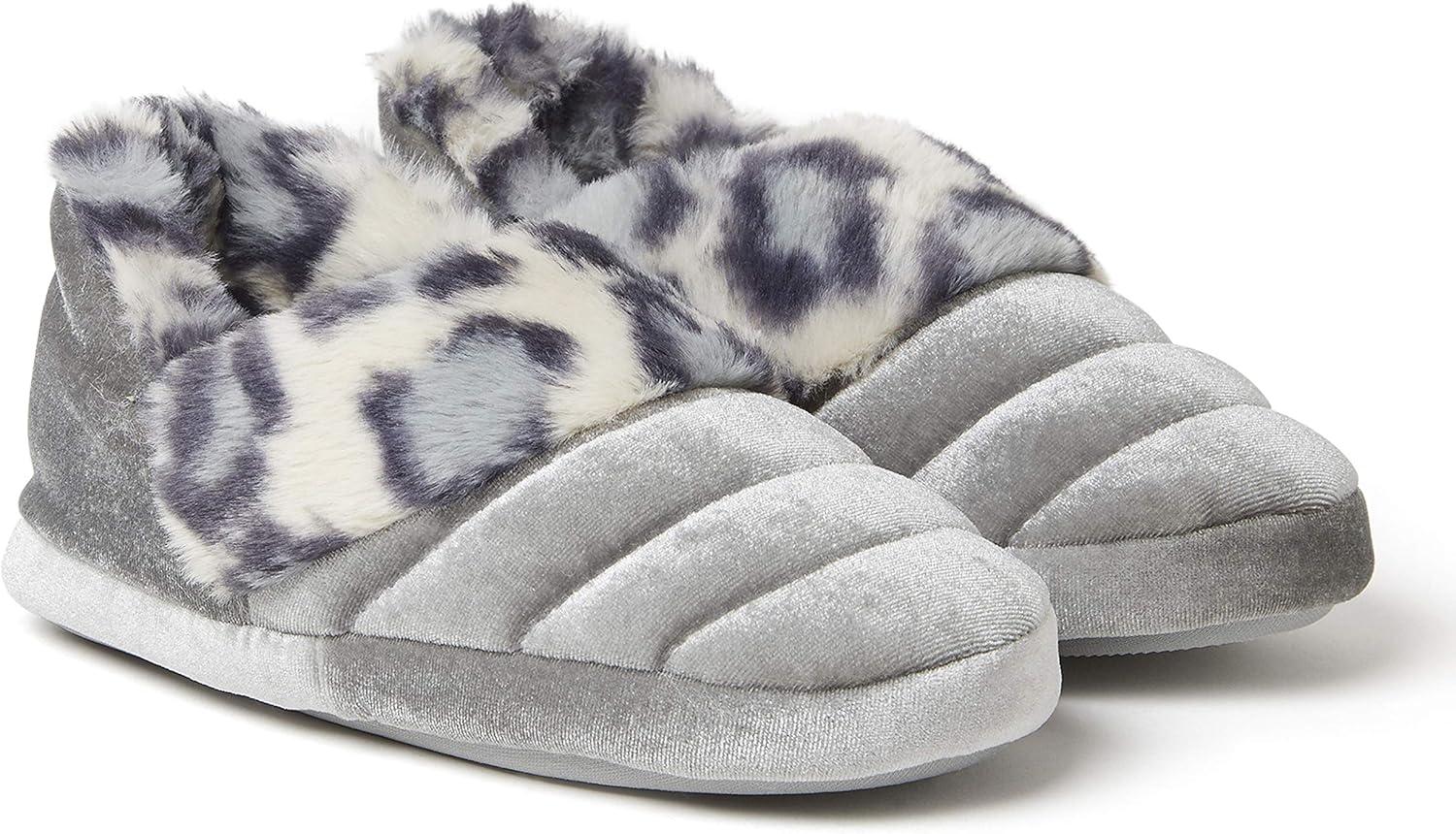 imageDearfoams UnisexChild Amelia Velour Bootie with Leopard Cuff SlipperSleet