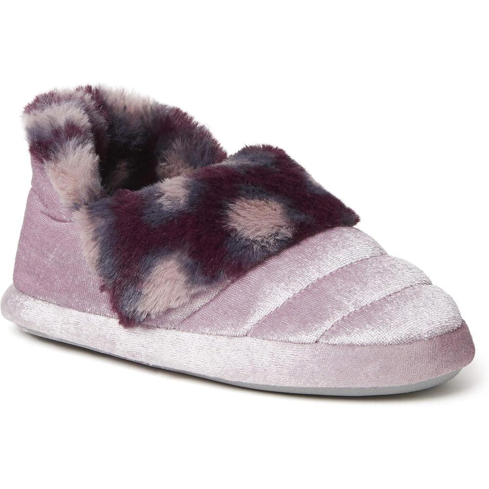 imageDearfoams UnisexChild Amelia Velour Bootie with Leopard Cuff SlipperElderberry