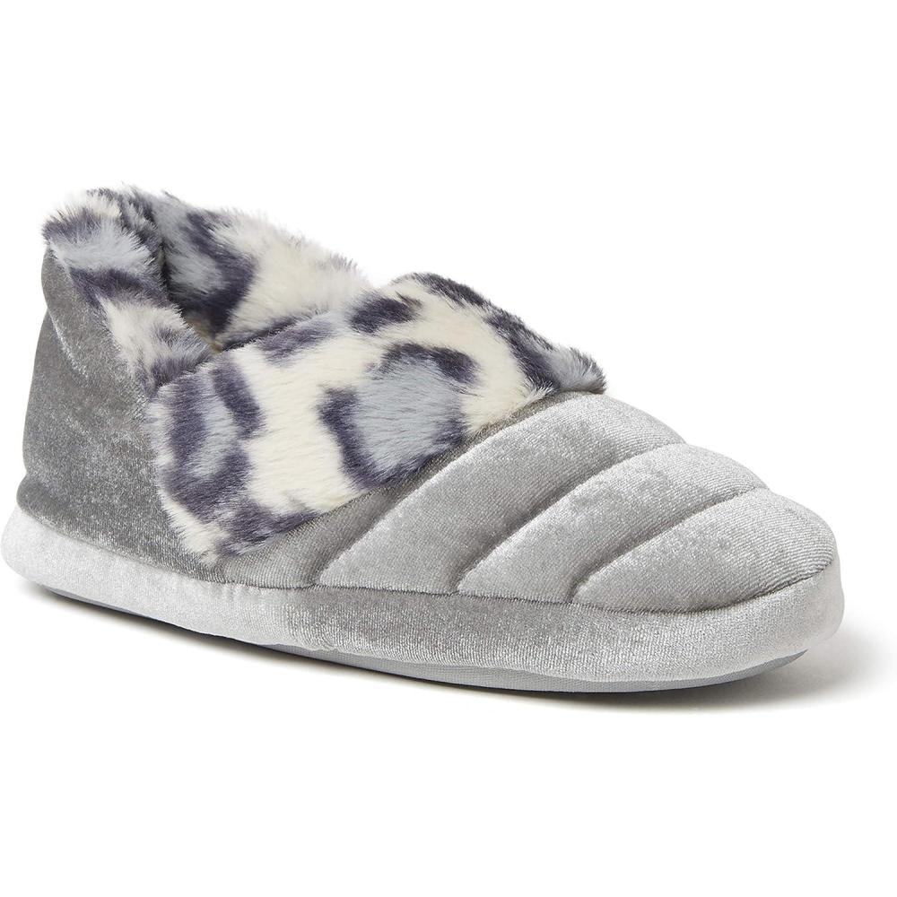imageDearfoams UnisexChild Amelia Velour Bootie with Leopard Cuff SlipperSleet
