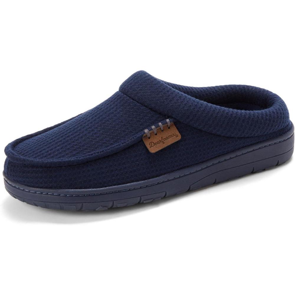 imageDearfoams Mens Brendan IndoorOutdoor Breathable Memory Foam Clog House Shoe with Wide Widths SlipperNavy Waffle Knit