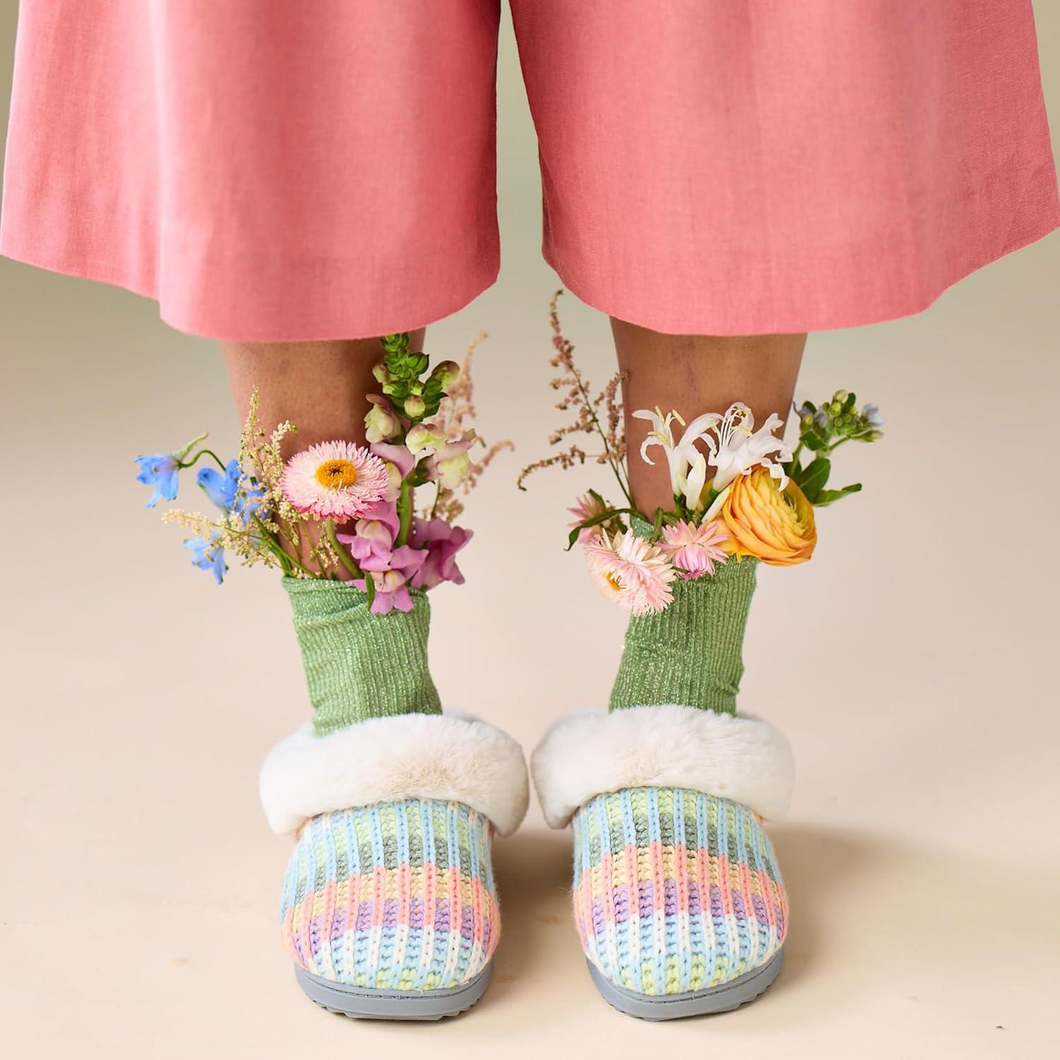 imageDearfoams Womens Memory Foam Cozy Soft House Slippers Gifts for Women Hannah Knit Clog House ShoesCrme Brulee