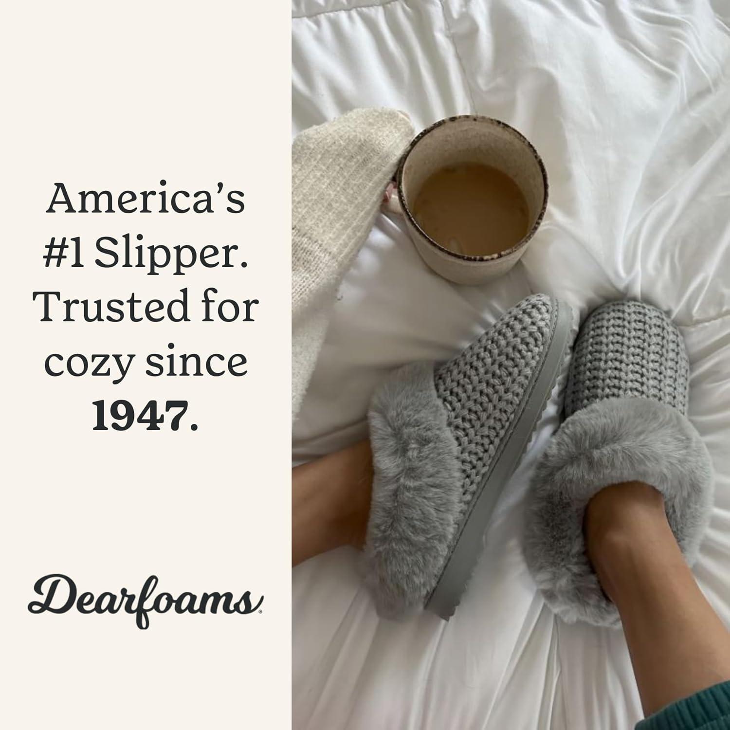 imageDearfoams Womens Memory Foam Cozy Soft House Slippers Gifts for Women Hannah Knit Clog House ShoesCrme Brulee