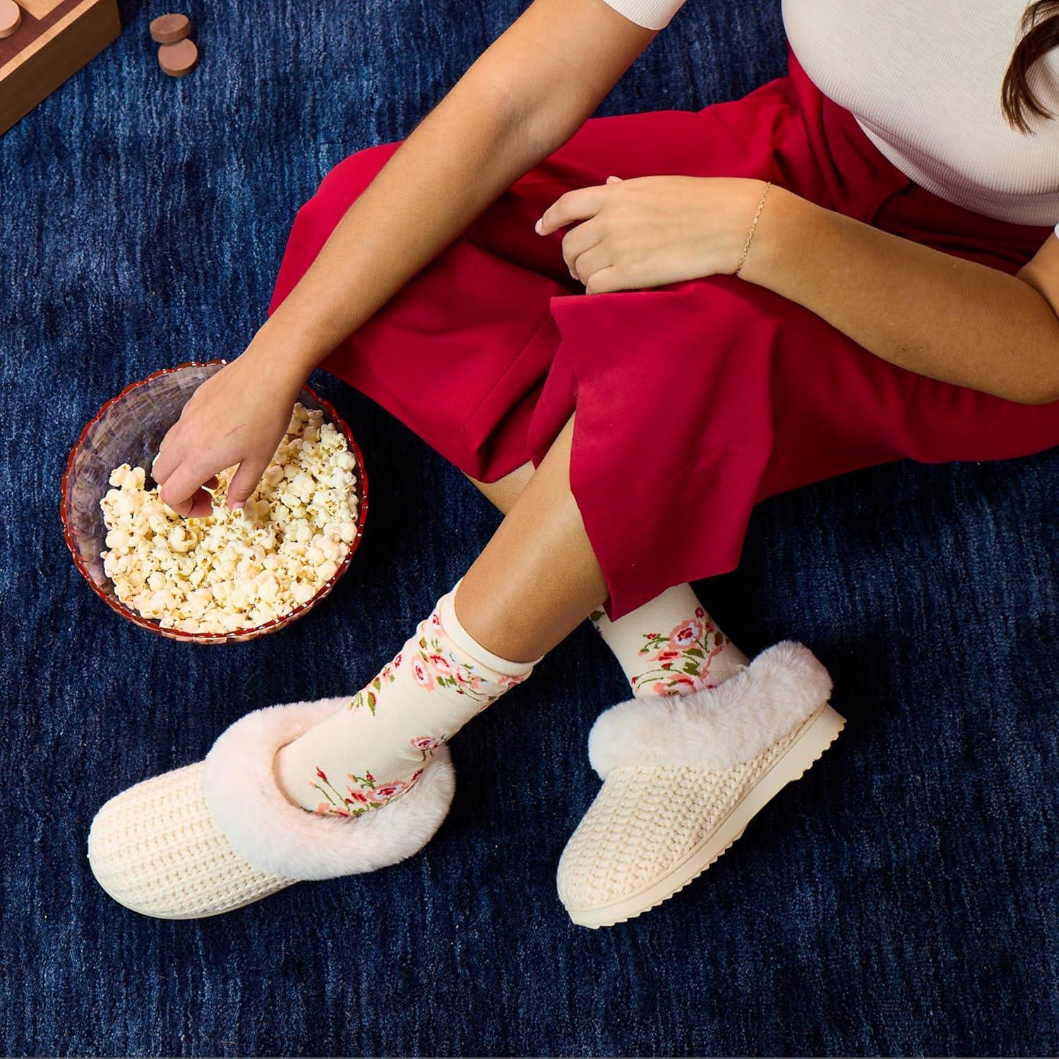 imageDearfoams Womens Memory Foam Cozy Soft House Slippers Gifts for Women Hannah Knit Clog House ShoesCrme Brulee