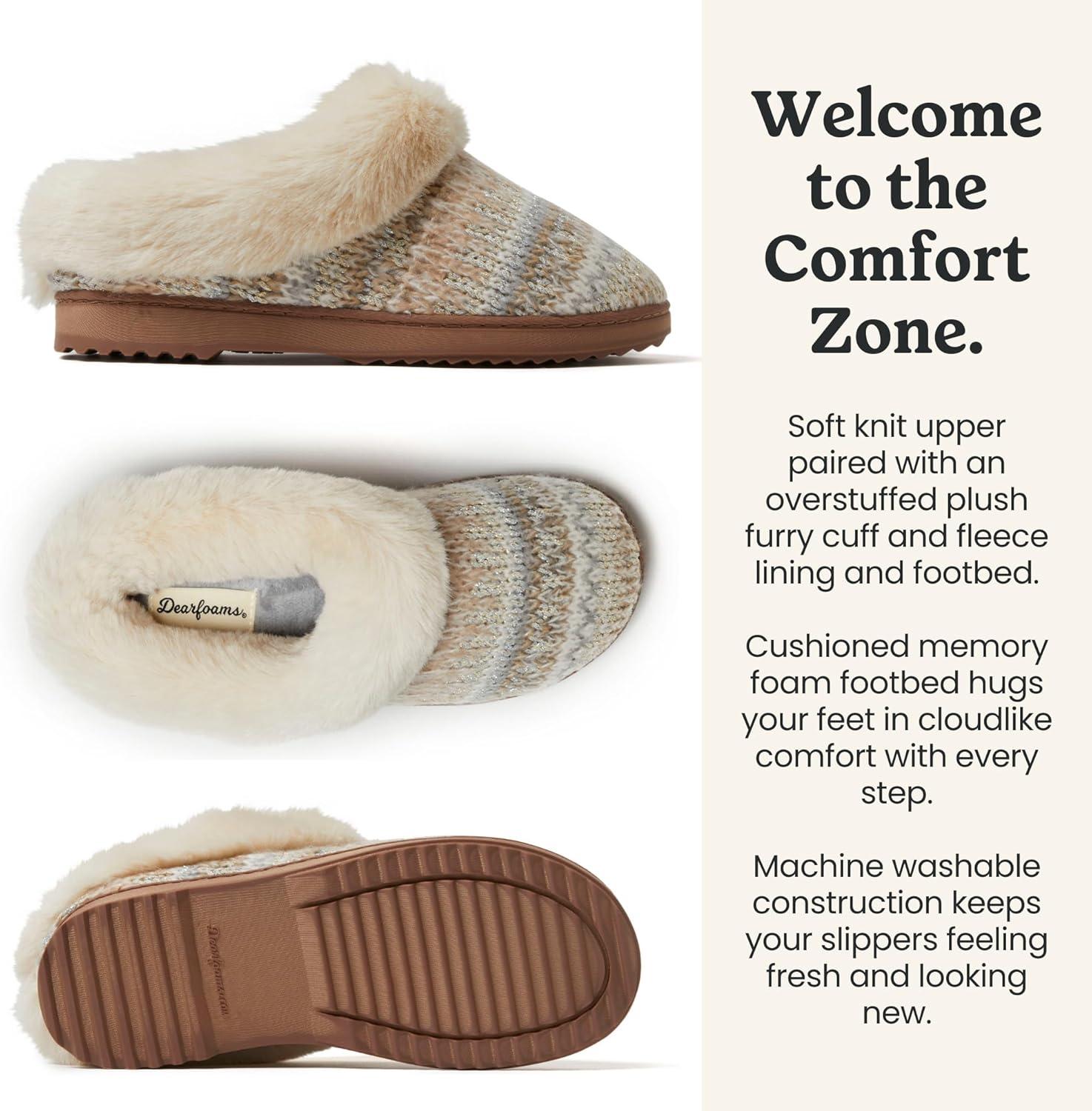 imageDearfoams Womens Memory Foam Cozy Soft House Slippers Gifts for Women Hannah Knit Clog House ShoesCrme Brulee