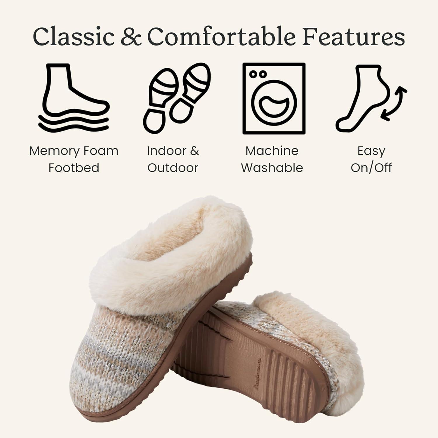 imageDearfoams Womens Memory Foam Cozy Soft House Slippers Gifts for Women Hannah Knit Clog House ShoesCrme Brulee