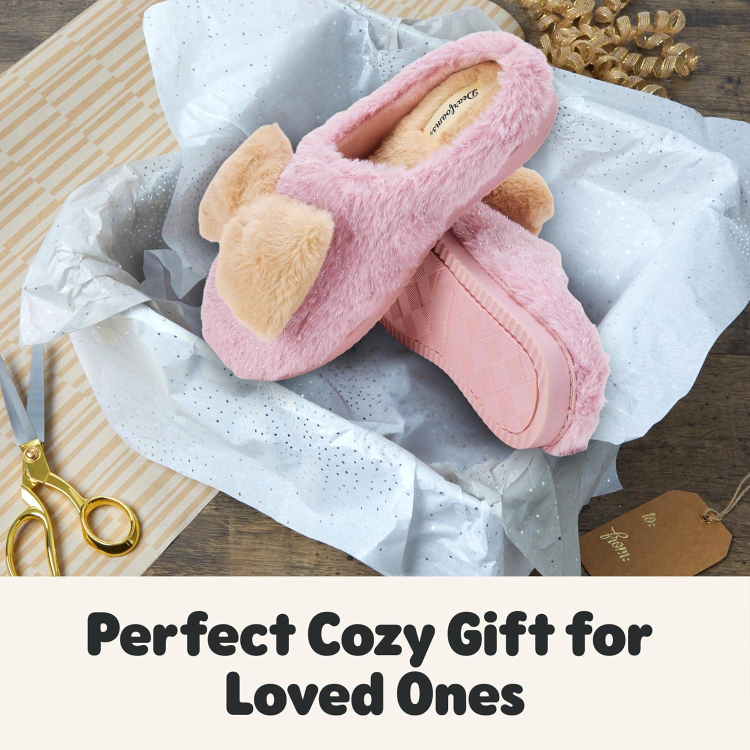imageDearfoams womens Cozy Rosie Cuties Plush Fuzzy Giftable House Shoes With Memory FoamPink Bow