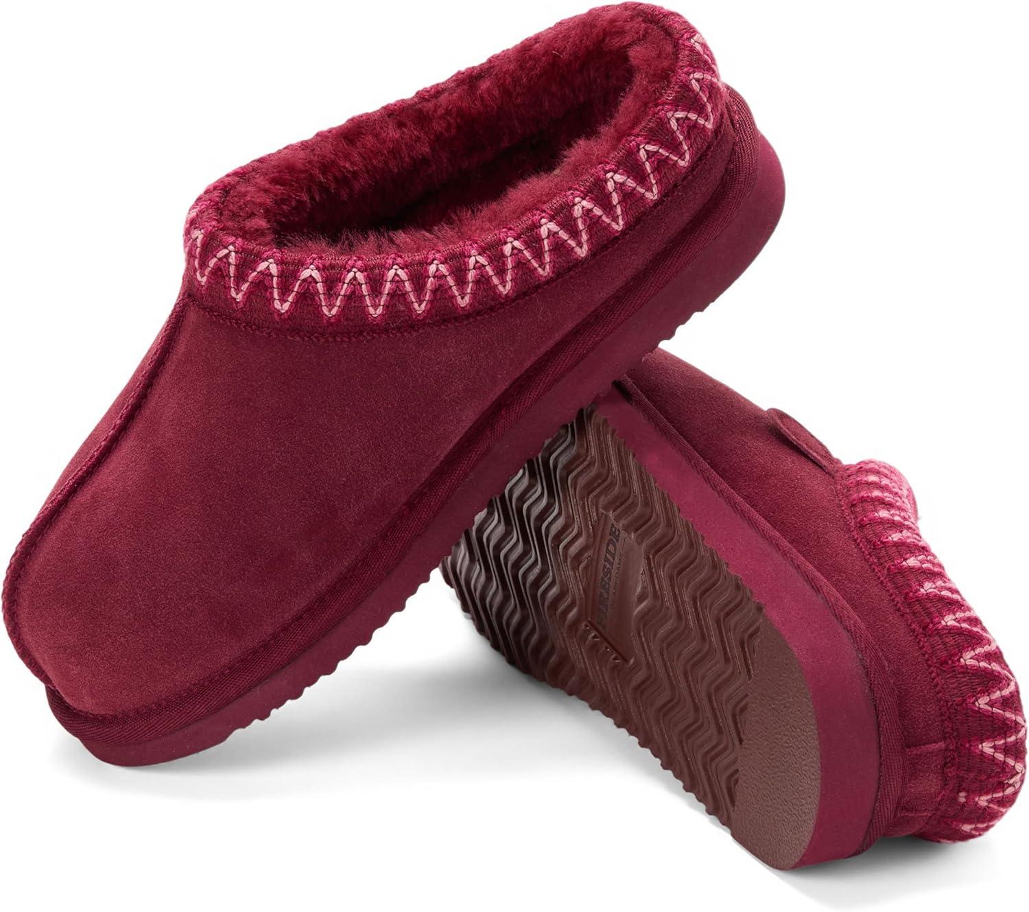 imageFireside by Dearfoams Womens Greta Genuine Shearling Clog Slippers 100 Natural Suede Clogs for Outdoor amp IndoorDark Red