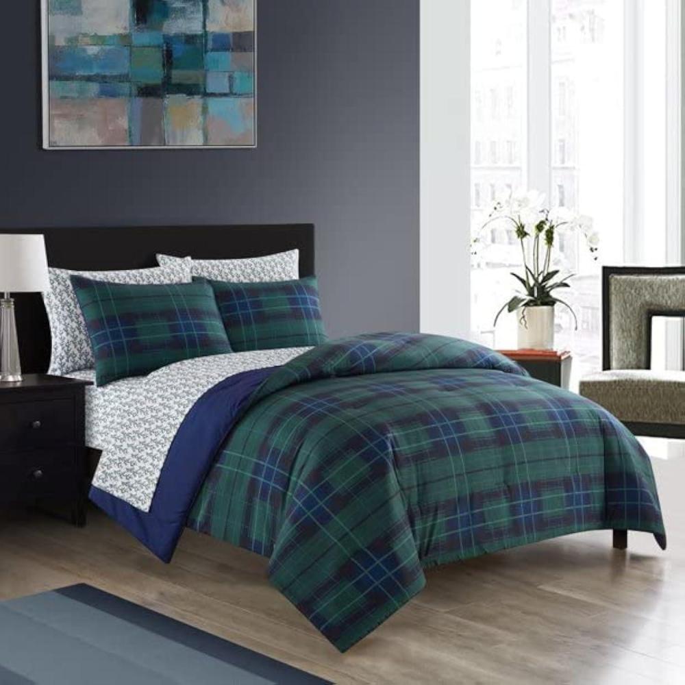 imageDearfoams 7 Piece Super Soft Bed in a Bag Bedding Set Black and White QueenBlue Tartan