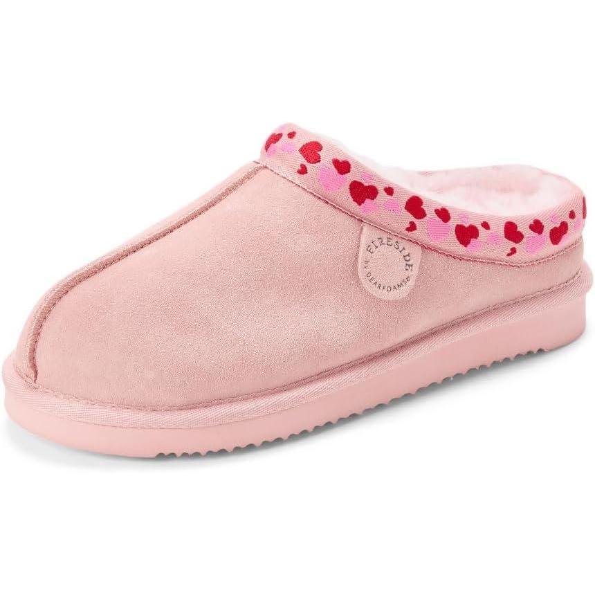 imageFireside by Dearfoams Womens Greta Genuine Shearling Clog Slippers 100 Natural Suede Clogs for Outdoor amp IndoorPink Hearts