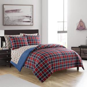 Dearfoams 7 Piece Super Soft Bed in a Bag Bedding Set, Black and White, Queen(Red Tartan)