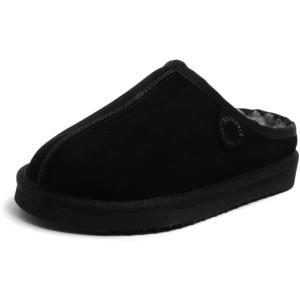 Fireside by Dearfoams Women’s Greta Genuine Shearling Clog Slippers, 100% Natural Suede Clogs for Outdoor & Indoor(Black)