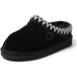 Fireside by Dearfoams Women’s Greta Genuine Shearling Clog Slippers, 100% Natural Suede Clogs for Outdoor & Indoor(Black Taping)
