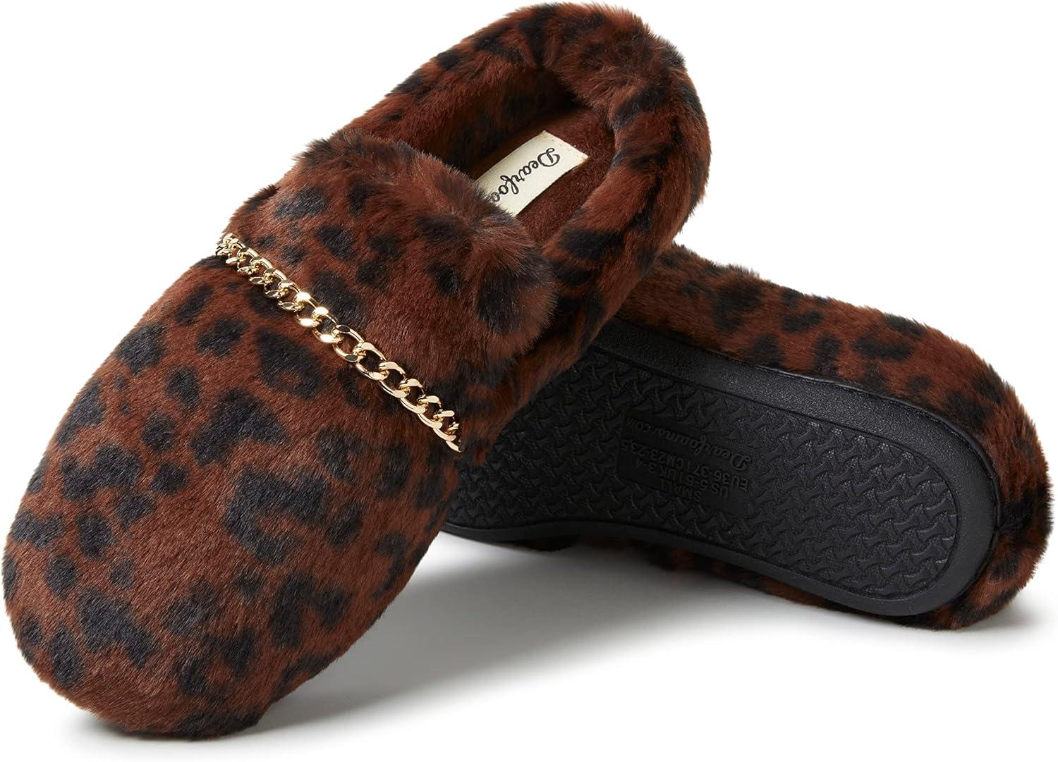 imageDearfoams Womens Marla Furry Memory Foam Comfort Chain Mule SlipperLeopard