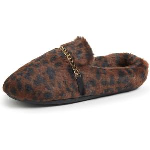 Dearfoams Women’s Marla Furry Memory Foam Comfort Chain Mule Slipper(Leopard)