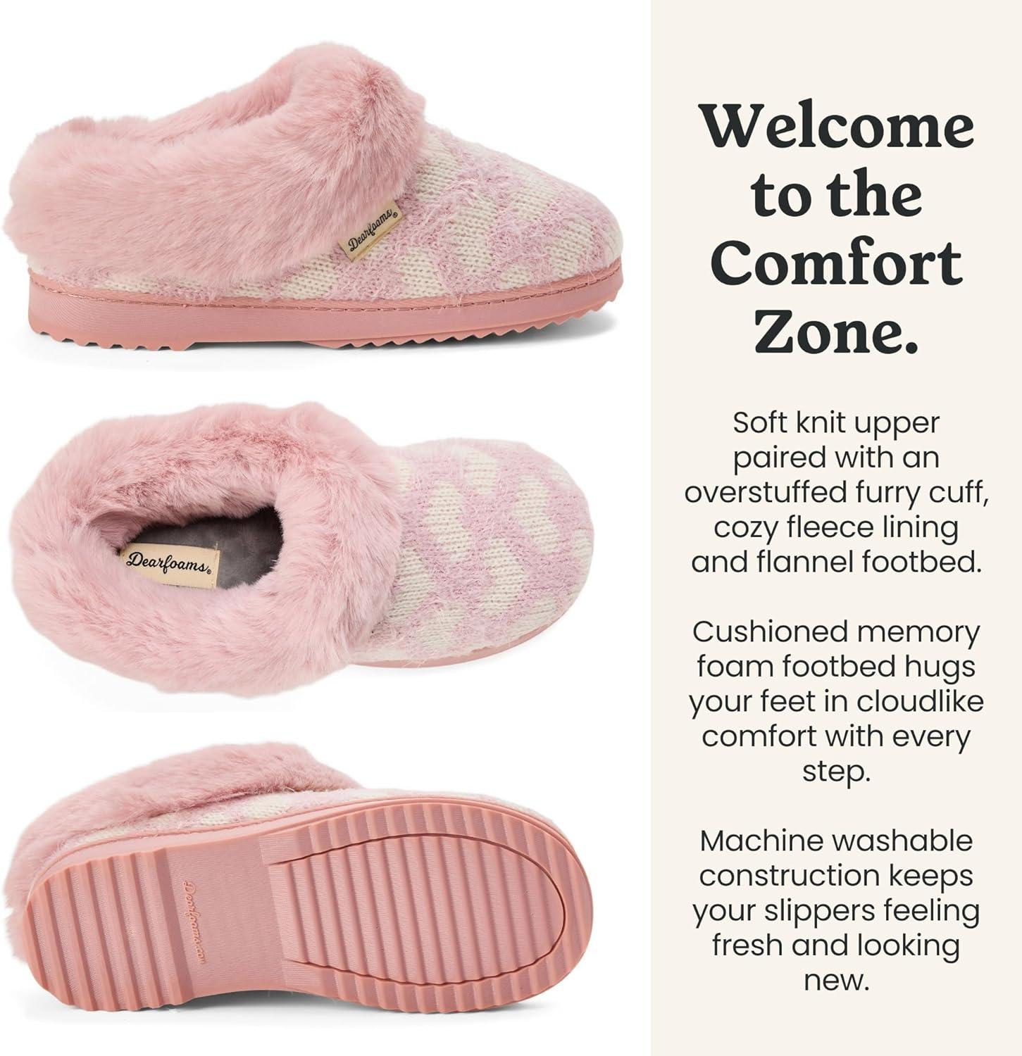 imageDearfoams Womens Memory Foam Cozy Soft House Slippers Gifts for Women Hannah Knit Clog House ShoesPink Heart