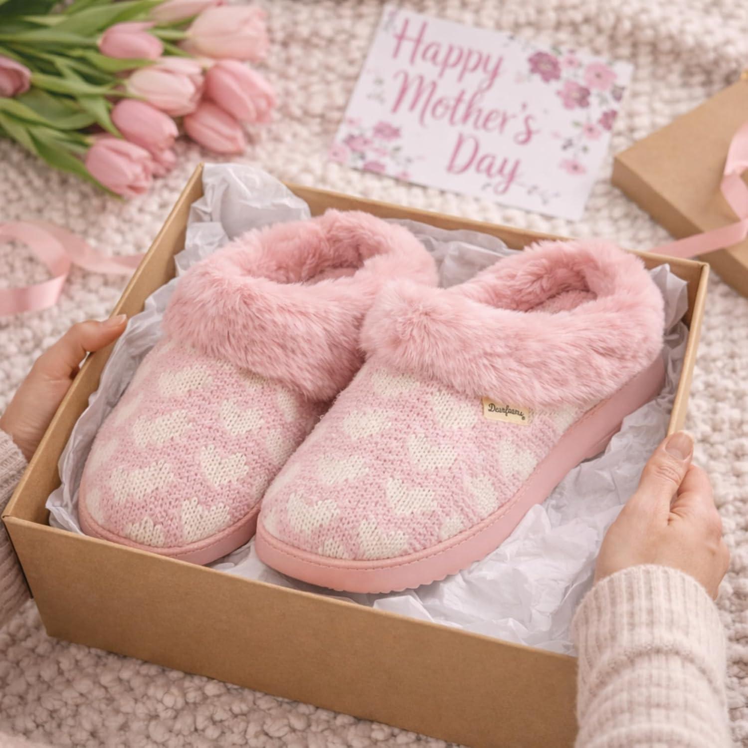 imageDearfoams Womens Memory Foam Cozy Soft House Slippers Gifts for Women Hannah Knit Clog House ShoesPink Heart