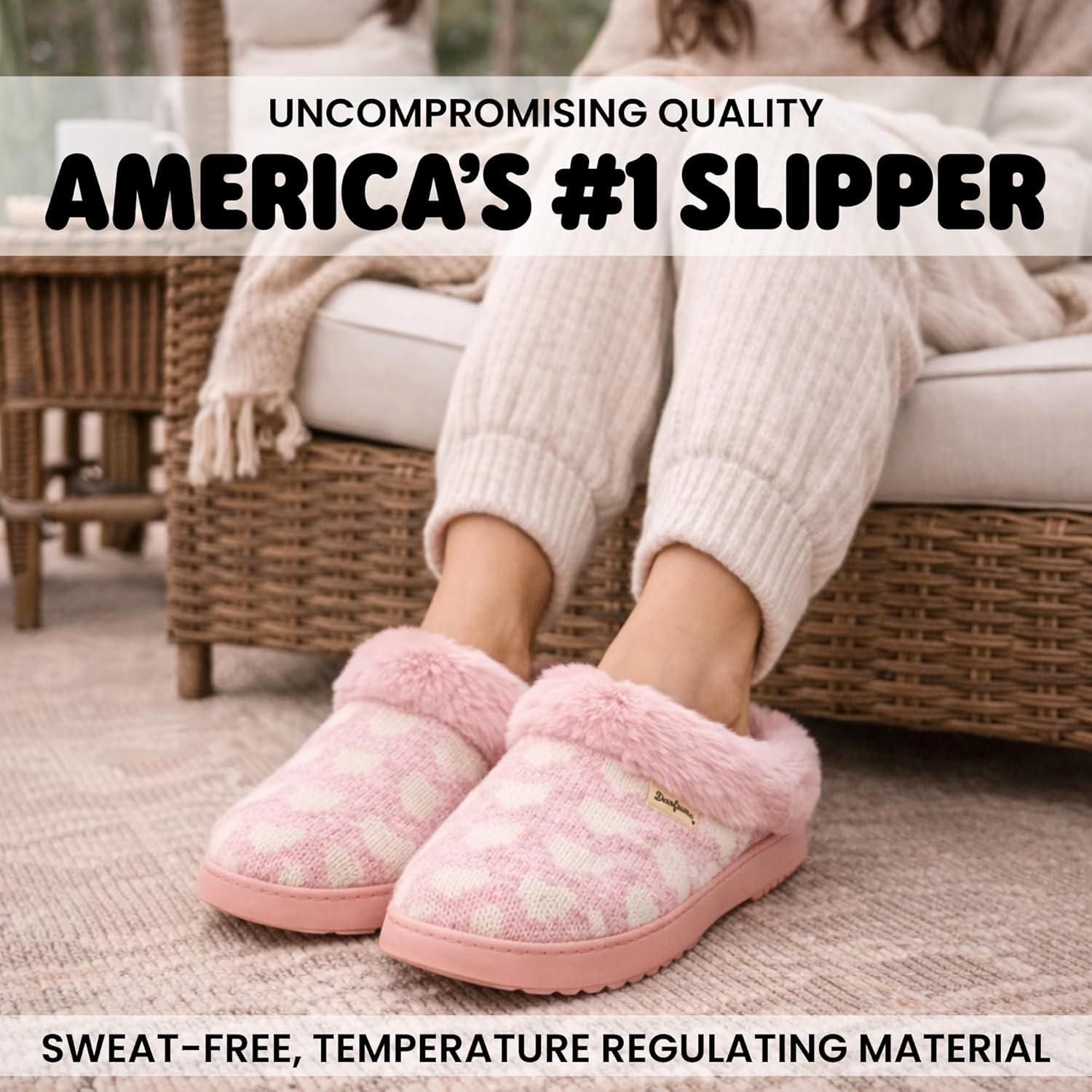 imageDearfoams Womens Memory Foam Cozy Soft House Slippers Gifts for Women Hannah Knit Clog House ShoesPink Heart