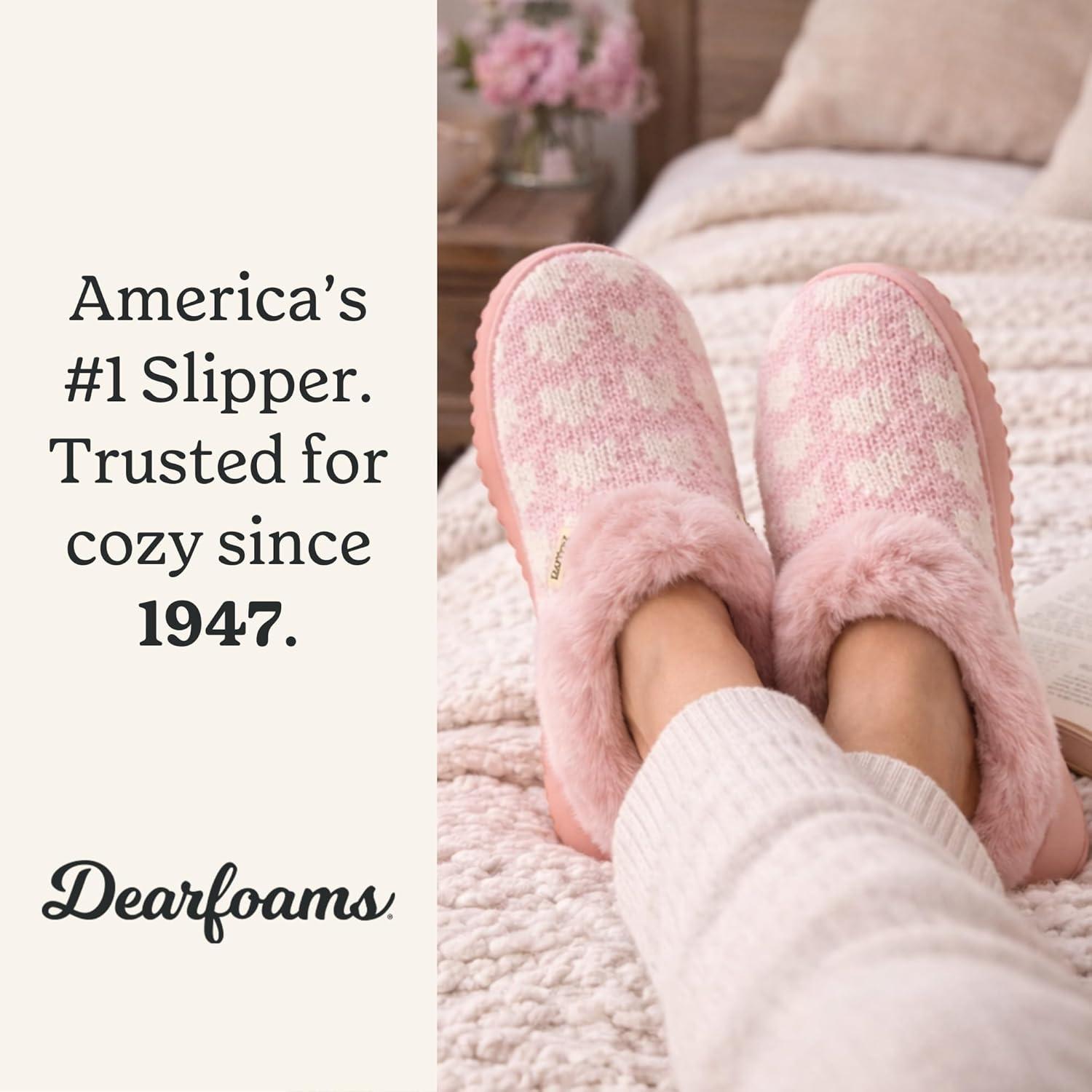 imageDearfoams Womens Memory Foam Cozy Soft House Slippers Gifts for Women Hannah Knit Clog House ShoesPink Heart
