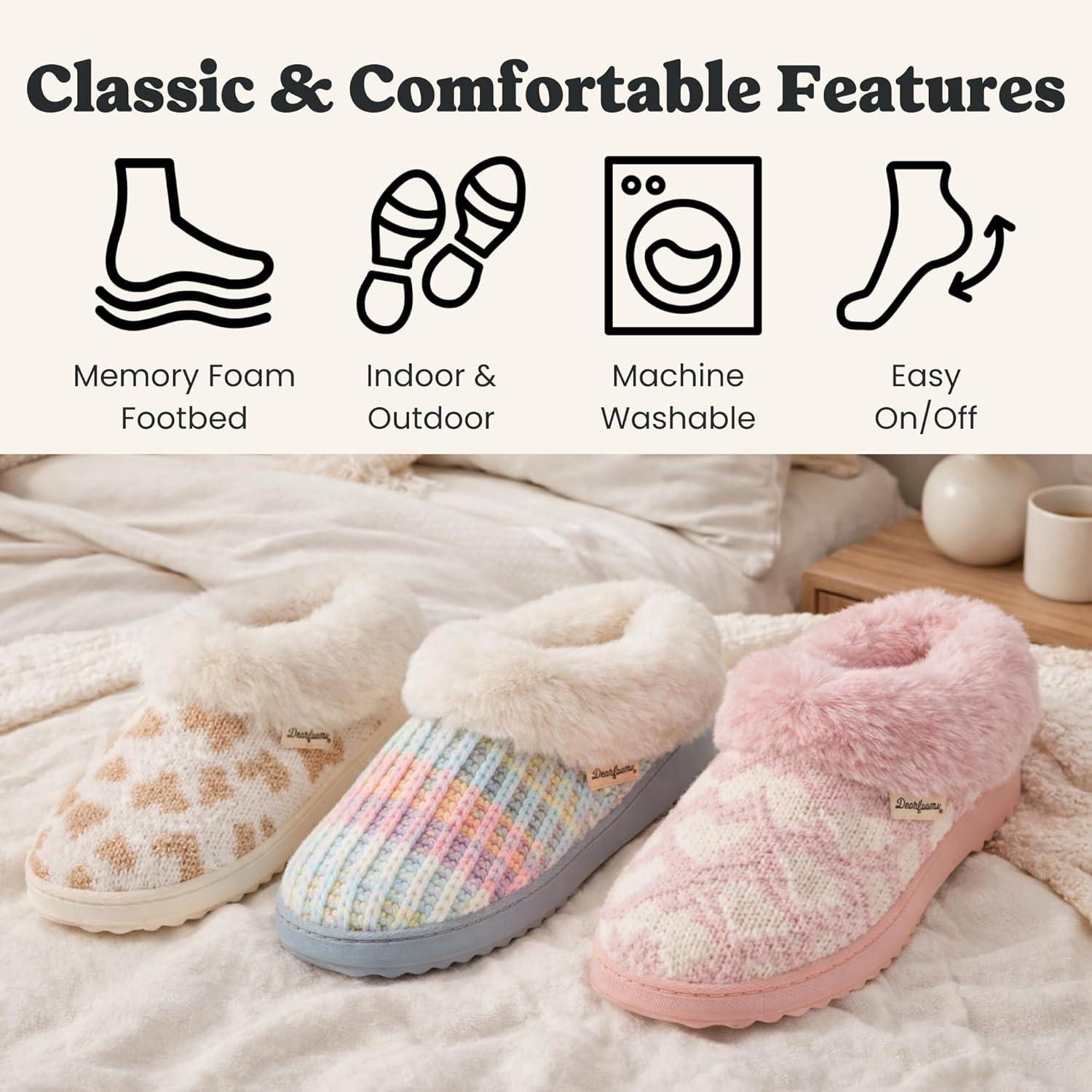 imageDearfoams Womens Memory Foam Cozy Soft House Slippers Gifts for Women Hannah Knit Clog House ShoesPink Heart