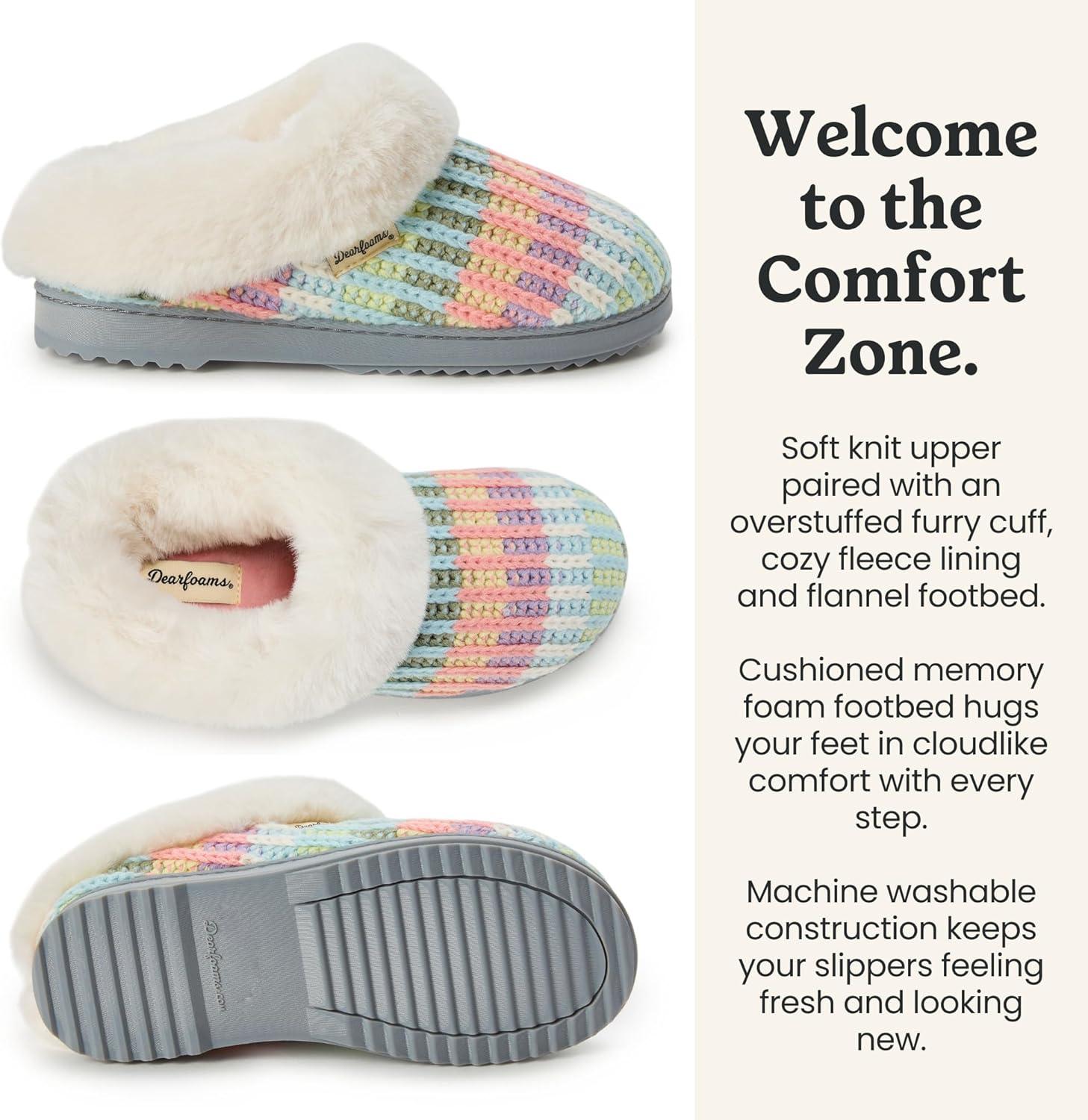 imageDearfoams Womens Memory Foam Cozy Soft House Slippers Gifts for Women Hannah Knit Clog House ShoesRainbow
