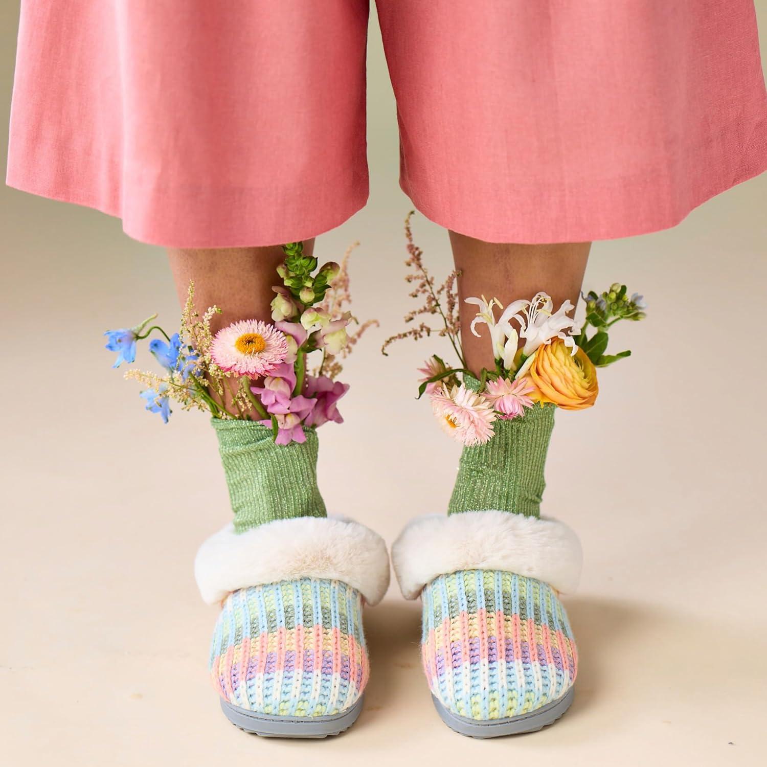 imageDearfoams Womens Memory Foam Cozy Soft House Slippers Gifts for Women Hannah Knit Clog House ShoesRainbow
