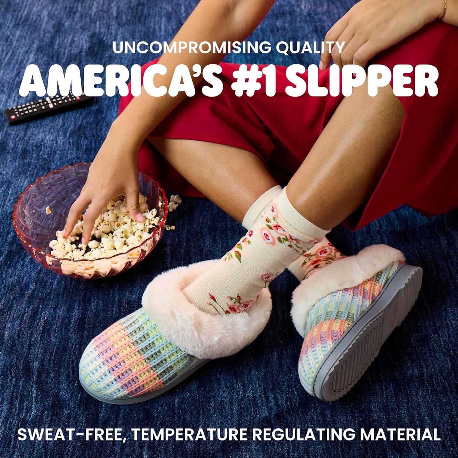 imageDearfoams Womens Memory Foam Cozy Soft House Slippers Gifts for Women Hannah Knit Clog House ShoesRainbow