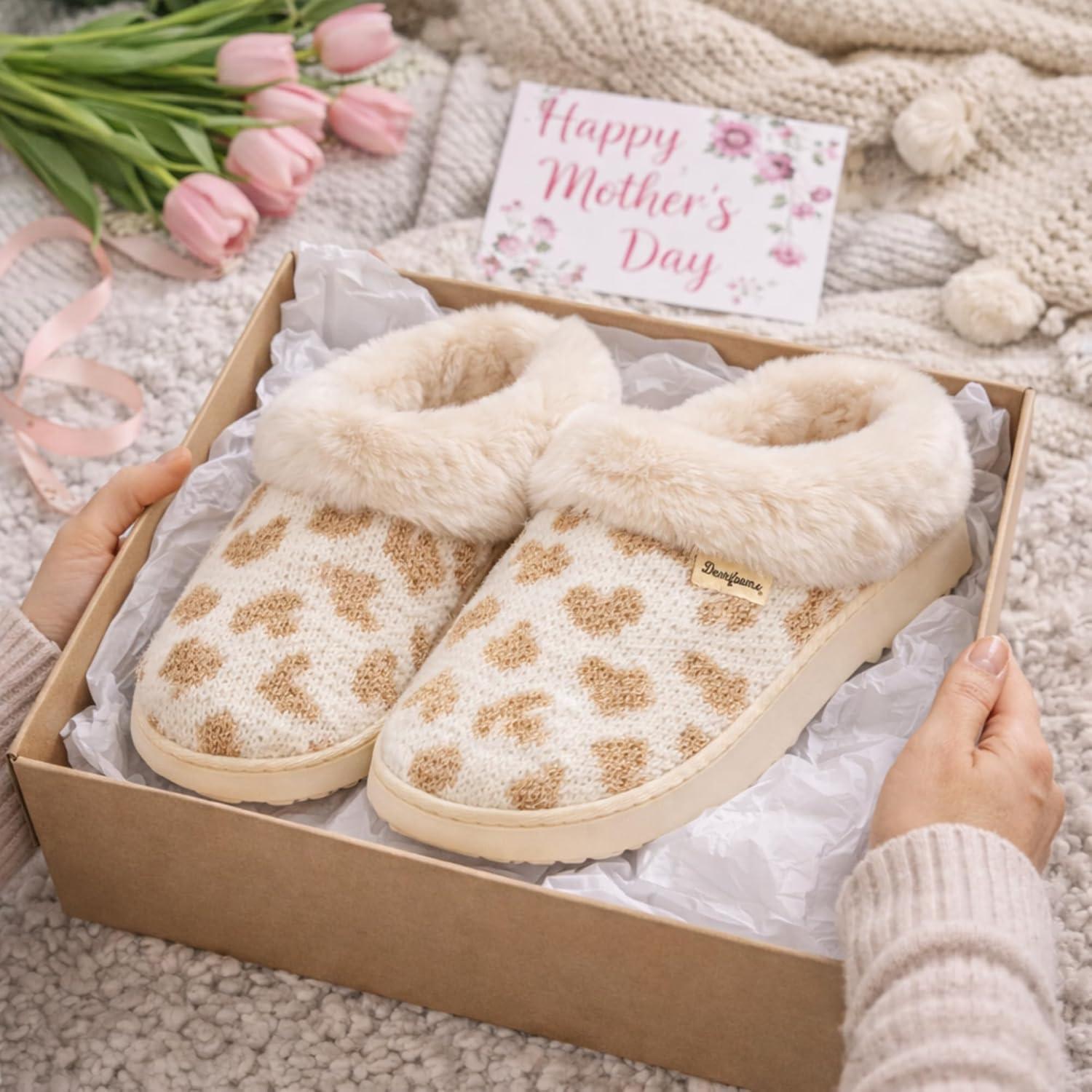 imageDearfoams Womens Memory Foam Cozy Soft House Slippers Gifts for Women Hannah Knit Clog House ShoesWhite Heart