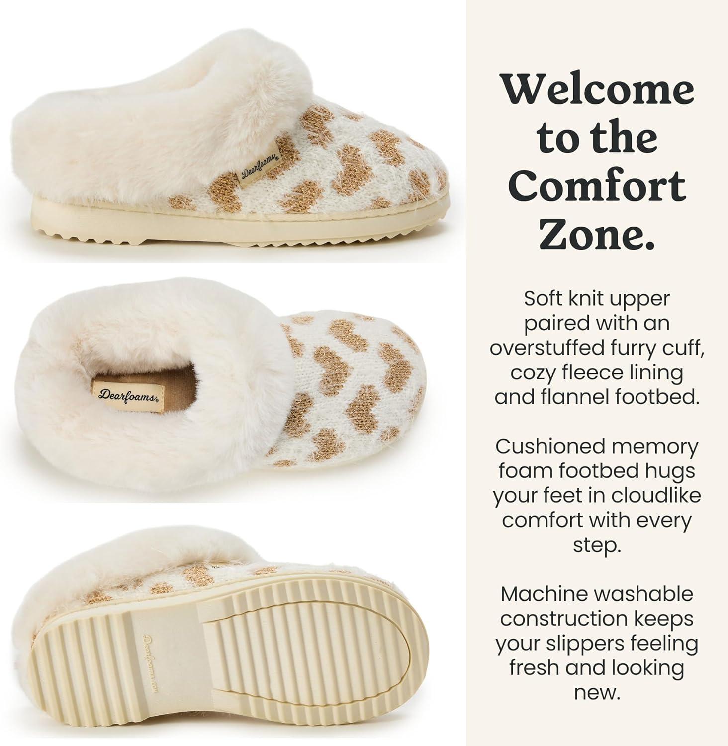 imageDearfoams Womens Memory Foam Cozy Soft House Slippers Gifts for Women Hannah Knit Clog House ShoesWhite Heart