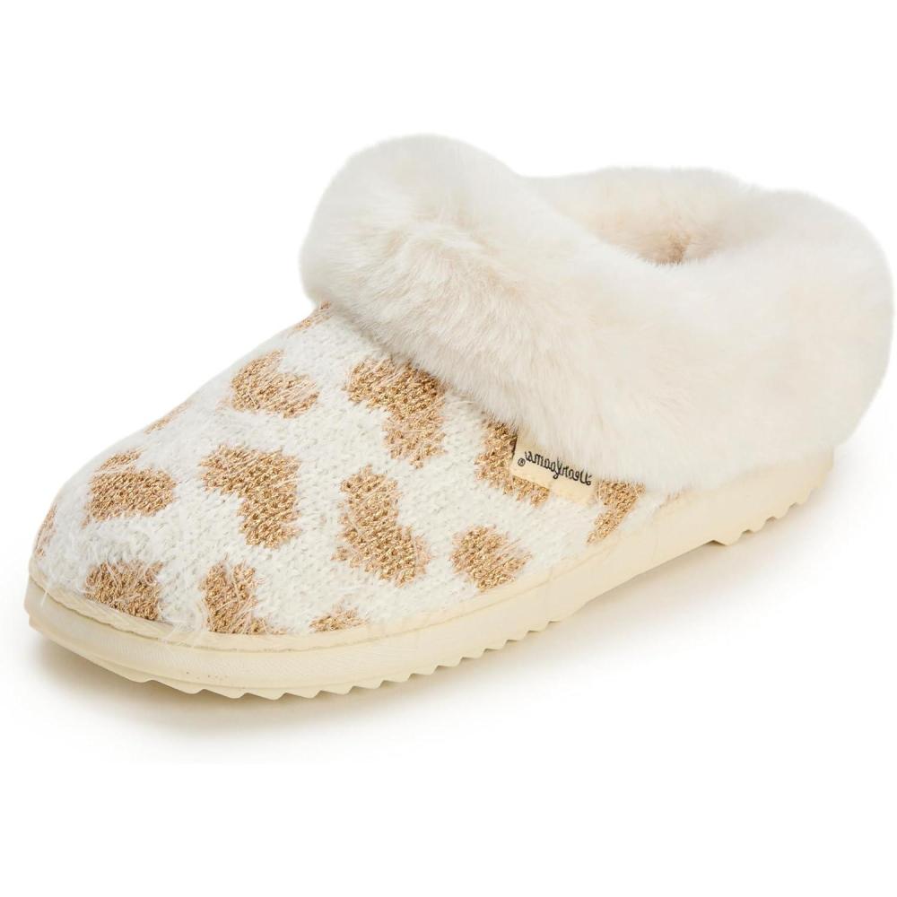 imageDearfoams Womens Memory Foam Cozy Soft House Slippers Gifts for Women Hannah Knit Clog House ShoesWhite Heart