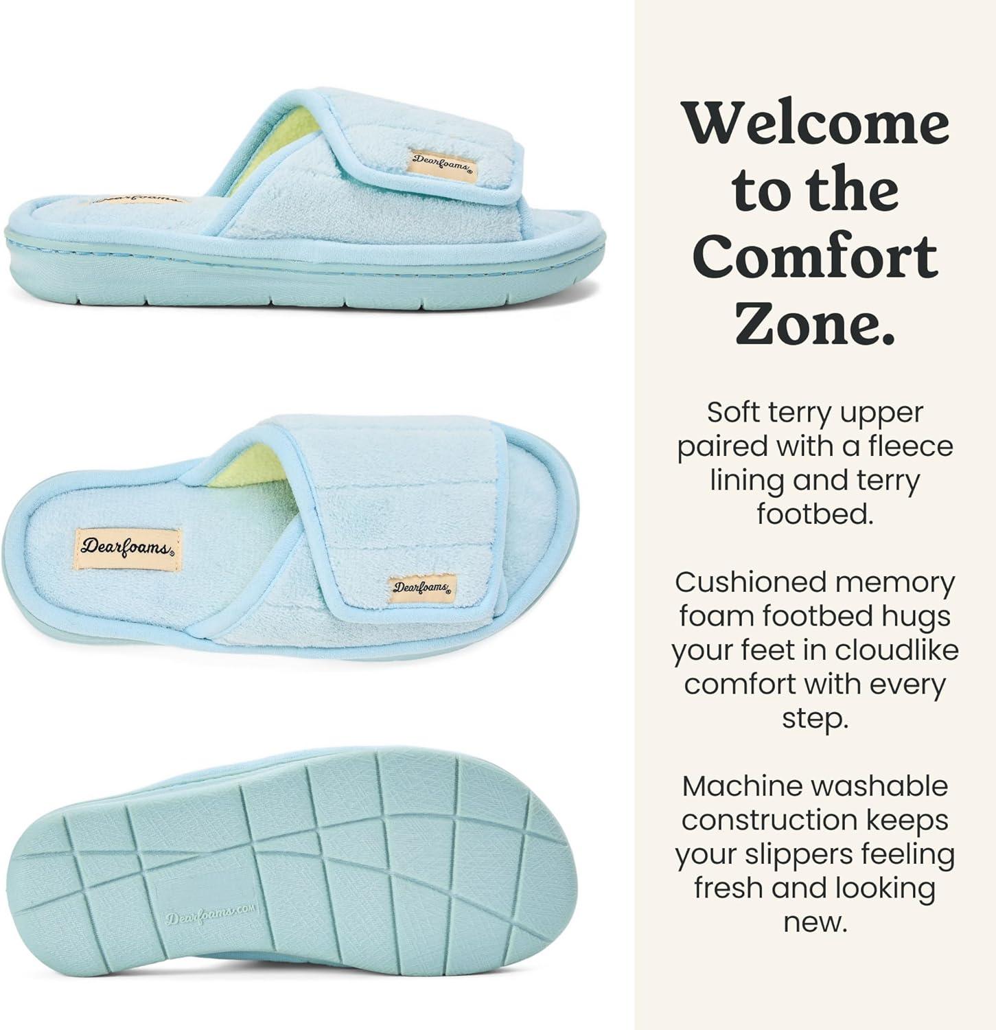 imageDearfoams womens Adjustable IndoorOutdoor Machine Washable Memory Foam SlideLight Blue