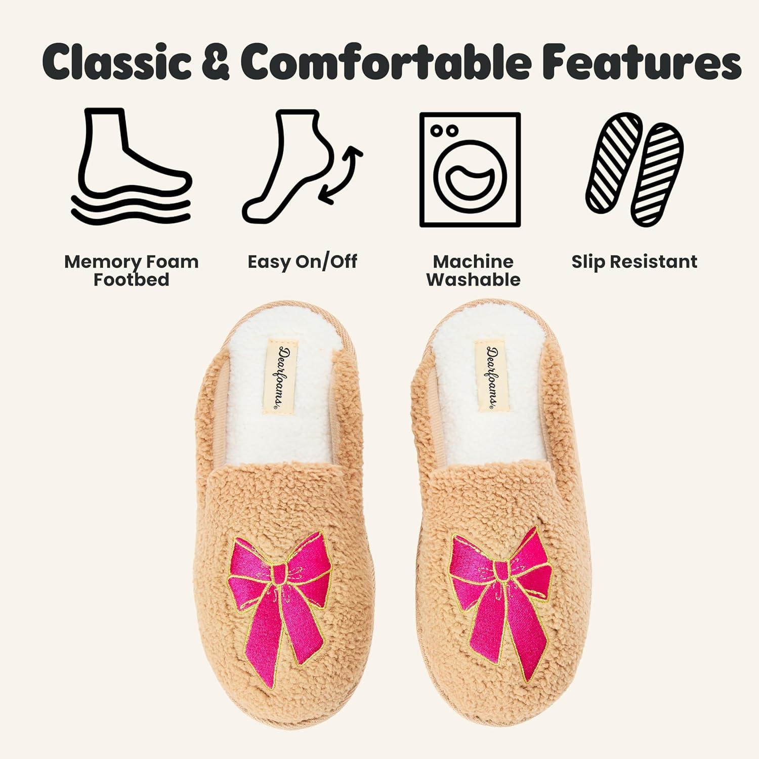 imageDearfoams womens Novelty Gift Teddy Sherpa Scuff Slipon House ShoePink Bow Emrboidered
