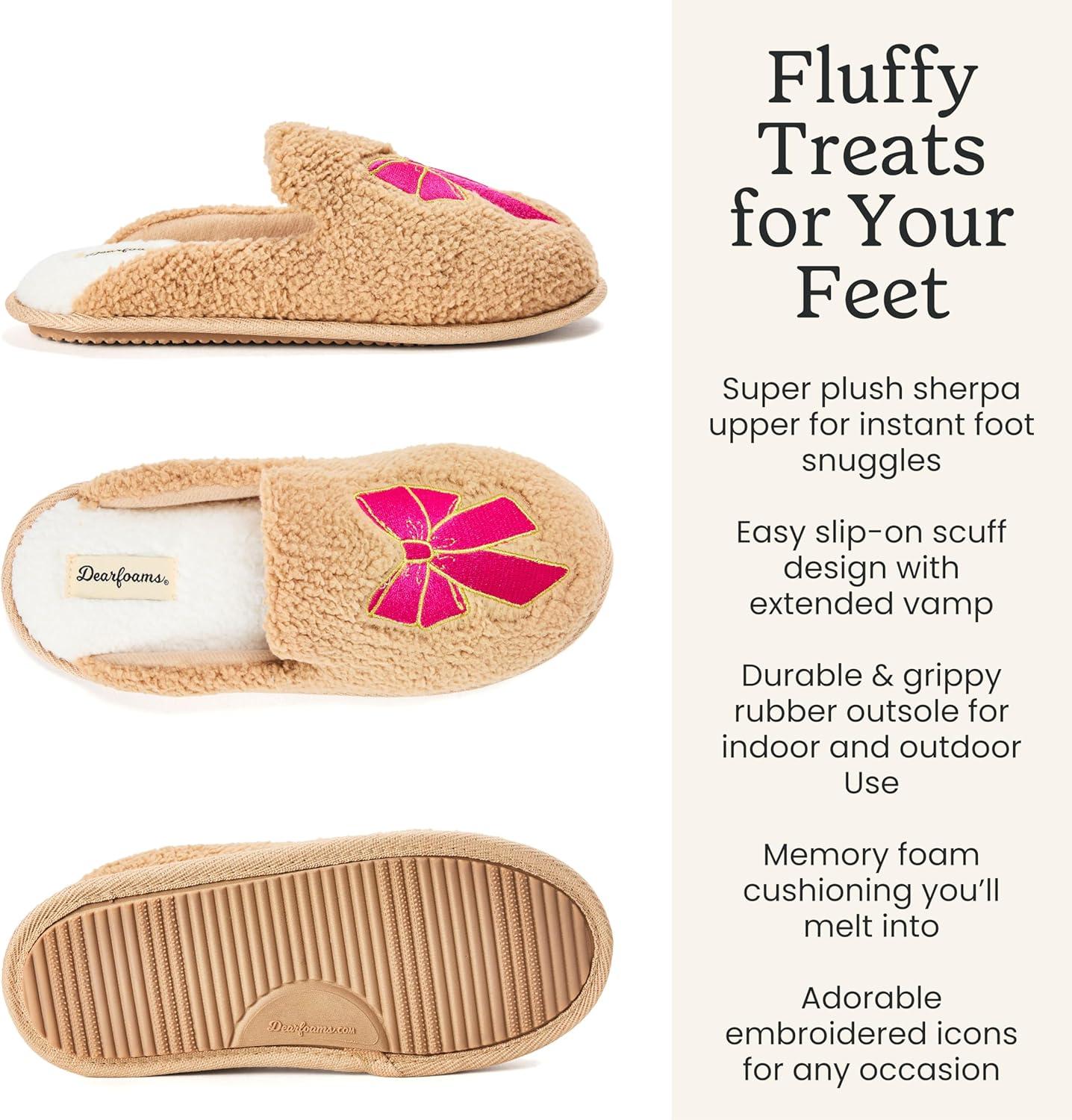 imageDearfoams womens Novelty Gift Teddy Sherpa Scuff Slipon House ShoePink Bow Emrboidered