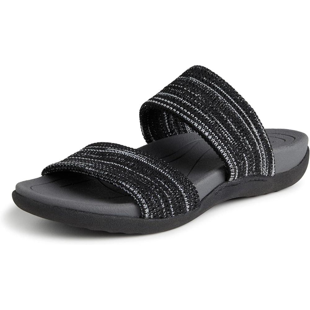 imageDearfoams womens Original Comfort Blair Slip on Double Band Slide Sandal With Arch SupportSlide SandalBlack Heather