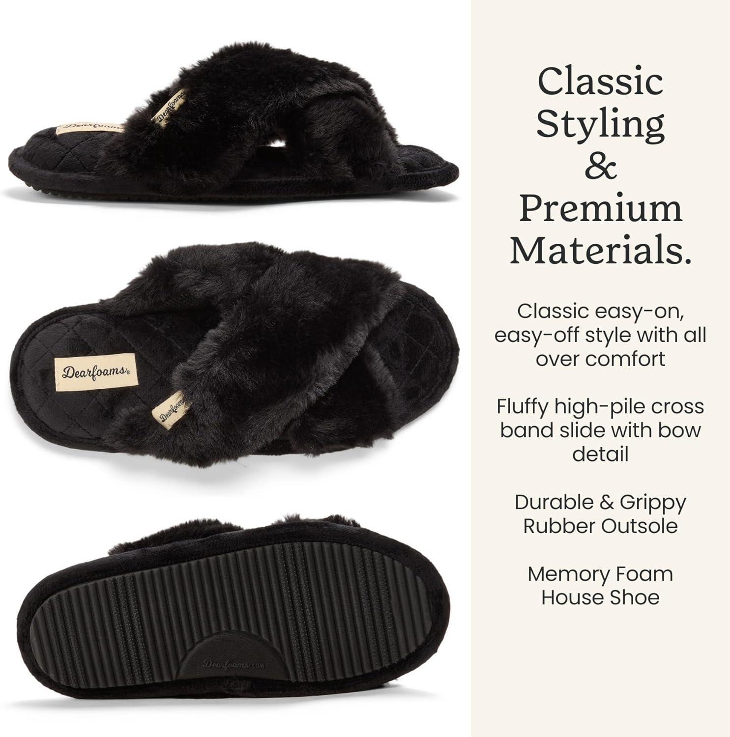 imageDearfoams Womens Acquired Style amp Danielle Pheloung Exclusive Memory Foam Jessica Cozy Bow Cross Band Slide SlippersBlack