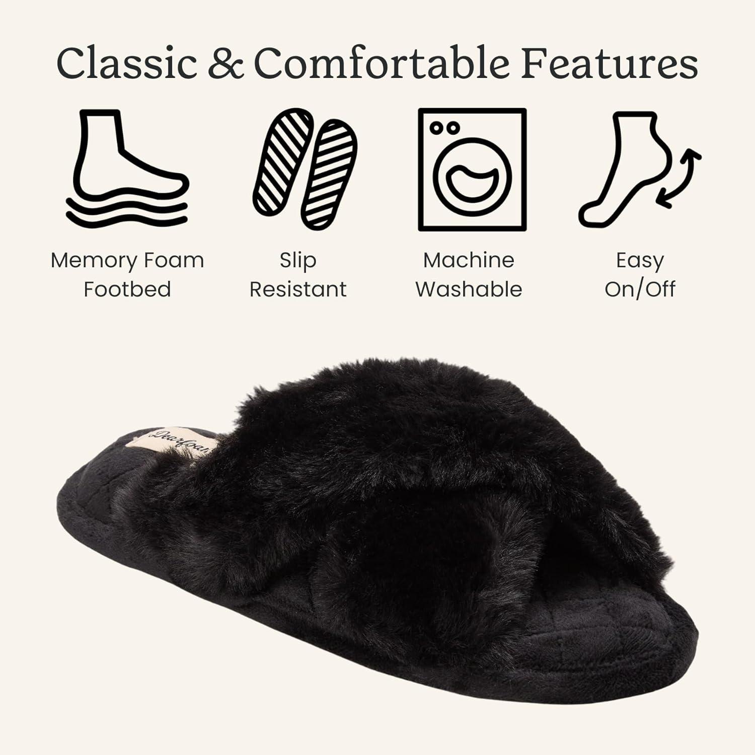 imageDearfoams Womens Acquired Style amp Danielle Pheloung Exclusive Memory Foam Jessica Cozy Bow Cross Band Slide SlippersBlack