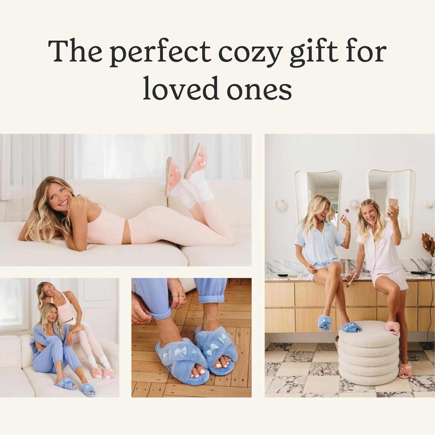 imageDearfoams Womens Acquired Style amp Danielle Pheloung Exclusive Memory Foam Jessica Cozy Bow Cross Band Slide SlippersBlue Bows