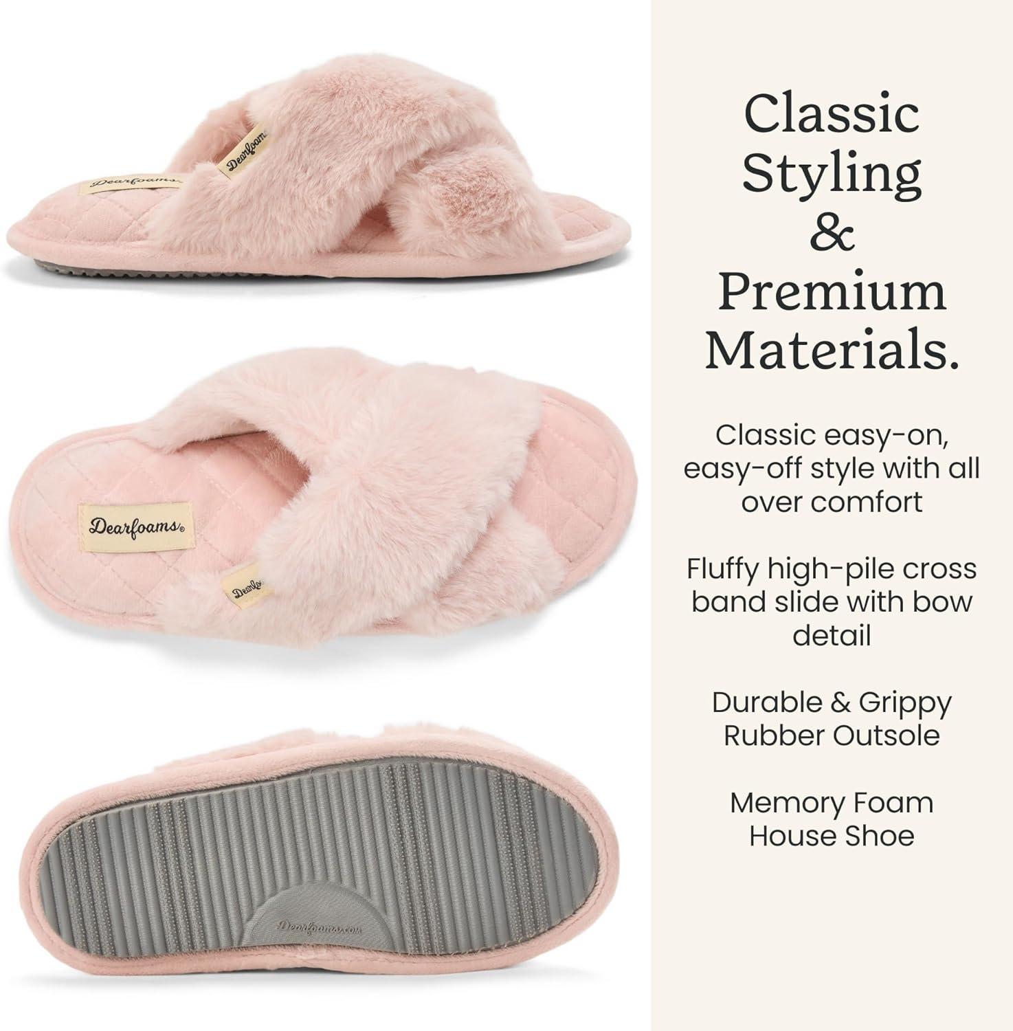 imageDearfoams Womens Acquired Style amp Danielle Pheloung Exclusive Memory Foam Jessica Cozy Bow Cross Band Slide SlippersDusty Pink